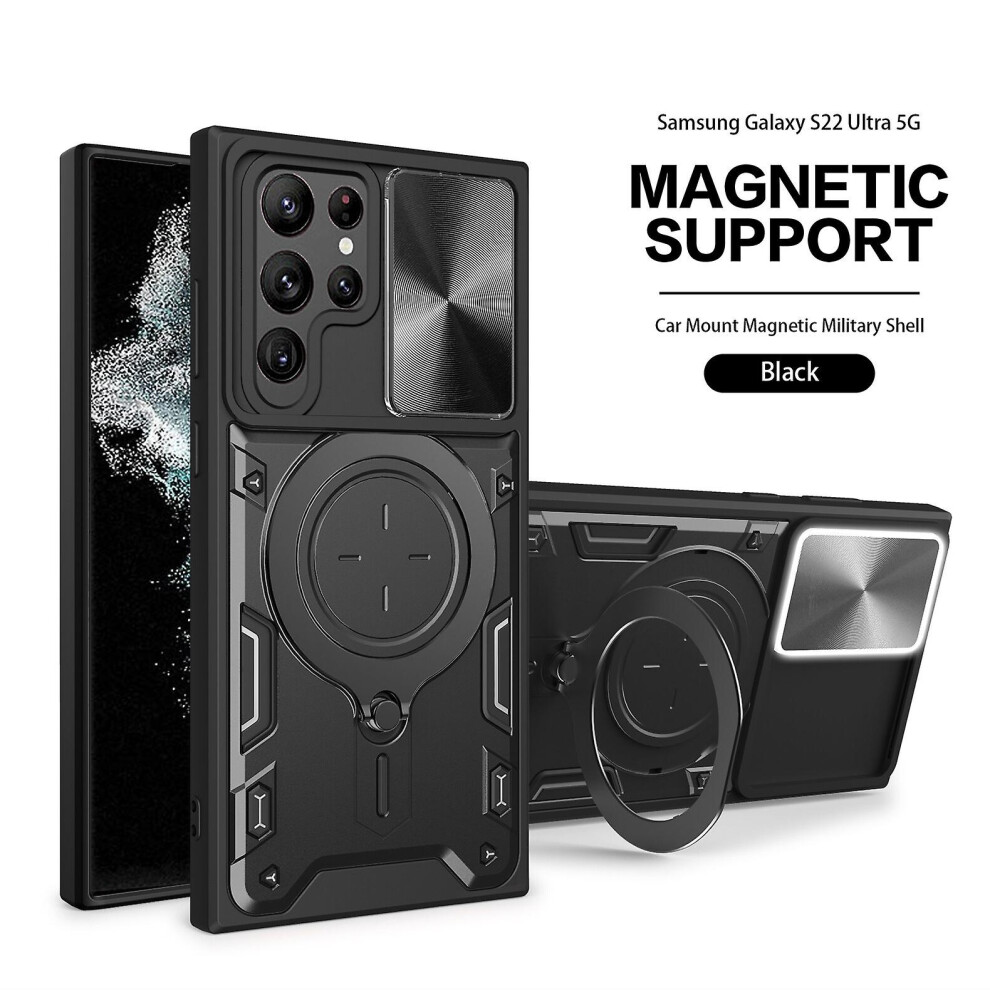Magnetic Phone Case Compatible Samsung S22 Ultra, Slide Camera Lens Protection And Built In 360 Rotatable Ring Holder: Black 4867270168160