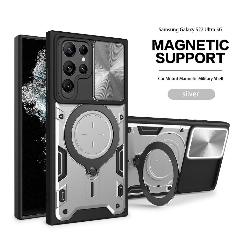 Magnetic Phone Case Compatible Samsung S22 Ultra, Slide Camera Lens Protection And Built In 360 Rotatable Ring Holder:silvery 4867270168214