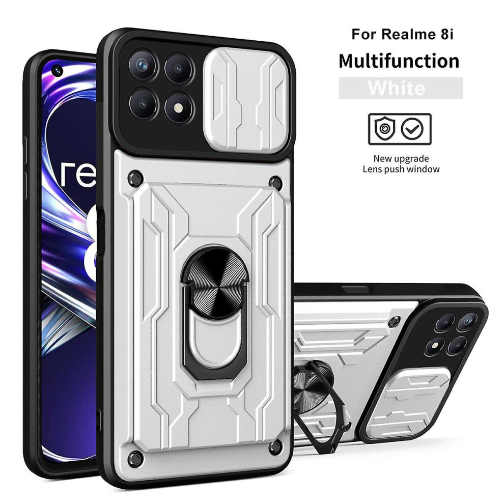 Magnetic Phone Case Compatible Oppo Realme 8I Slide Camera Lens Protection And Built In 360 Rotatable Ring Holder: White 4584695235900