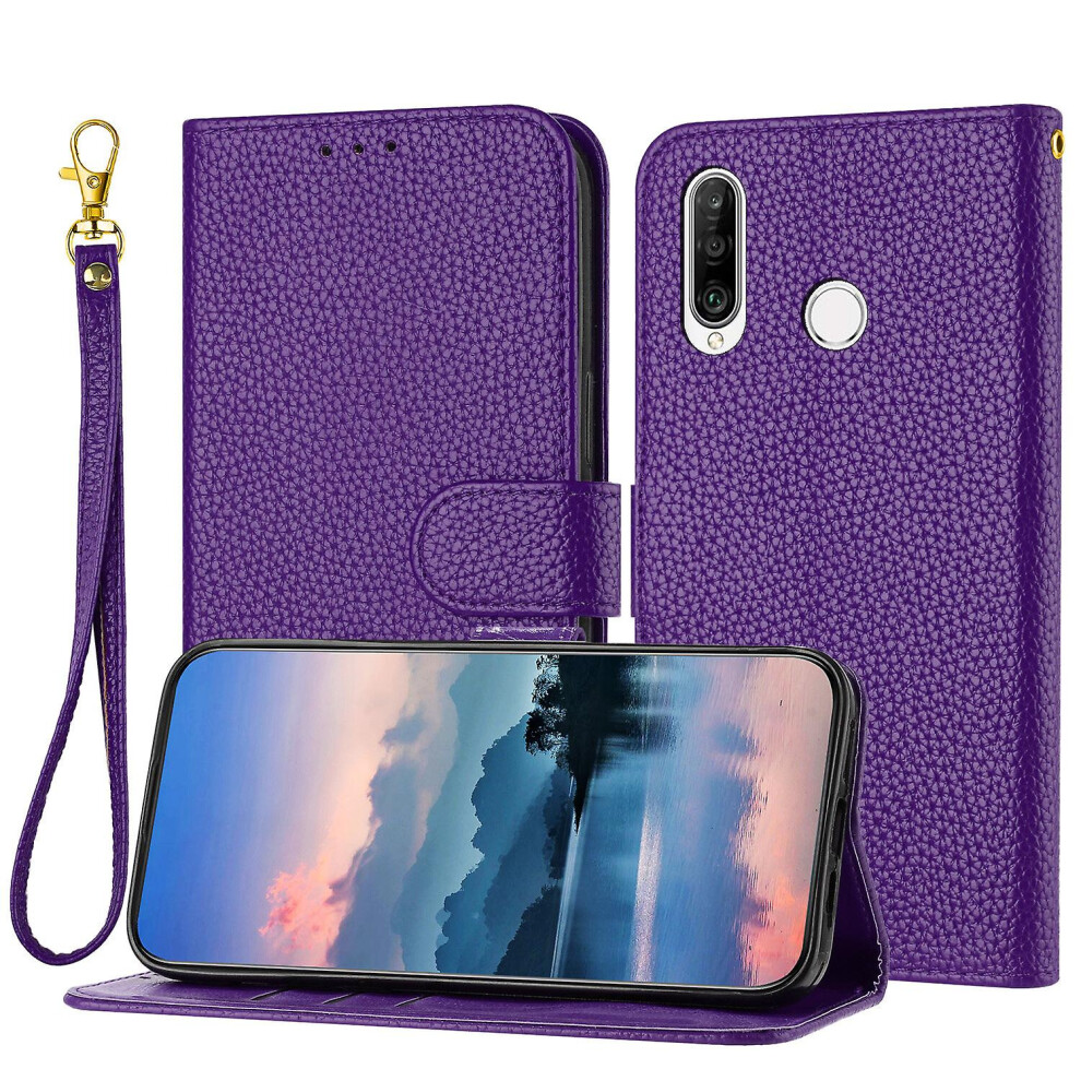 Compatible Huawei P30 Lite Case, Litchi Pu Leather Folio Cover Magnetic Closure Flip Wallet Card Slots Stand Case With Hand Strap,: Grain/Brown/Purple 4867270167972