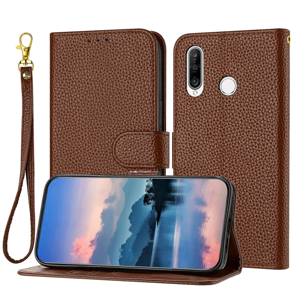 Compatible Huawei P30 Lite Case, Litchi Pu Leather Folio Cover Magnetic Closure Flip Wallet Card Slots Stand Case With Hand Strap,Brown: Grain/Brown 4867270167958