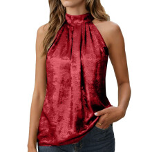 Women's Metallic Sleeveless Pleated Elegant Top Casual-Red S