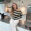 Damen Oversize-Pullover mit Streifen, Farbblock-Strick, Langarm-Sweatshirt, Lockerer Pullover, Y2K-Preppy-Pullover Armeegrün M 2