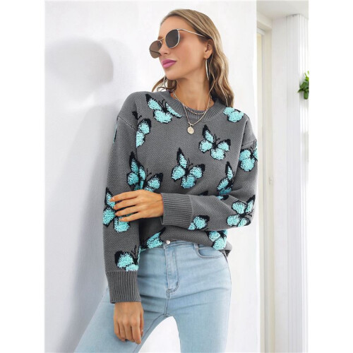 Damen Lässiger Strickpullover mit Schmetterlingsdruck, Langarm, Rundhalsausschnitt Grau L 2