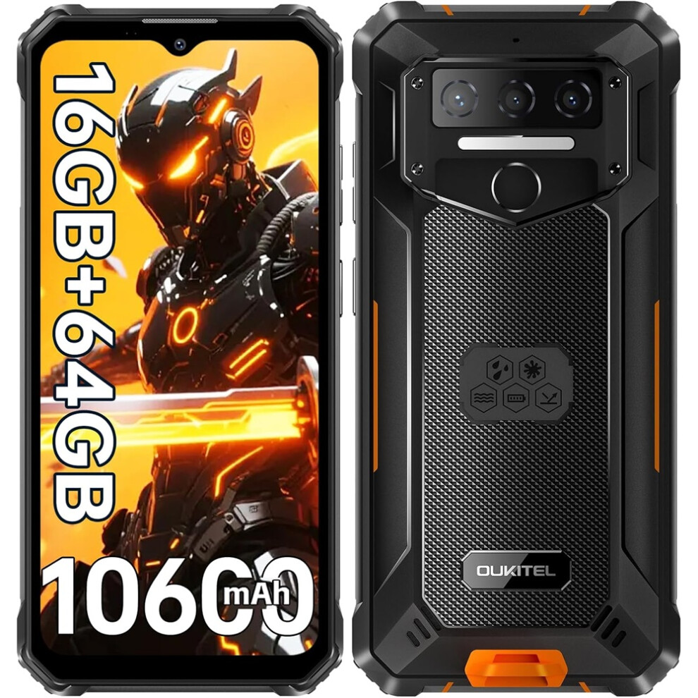 Oukitel (Orange) Wp23s Rugged Phone 10600Mah Battery, 64Gb Rom Cell Phone, 6.52'', Android 15 Phones, Black/Green/Orange Orange,Black