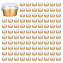 Dessertmuggar med Lock, 250-Pack Guld Aluminiumfolie Bakningsmuggar, Cupcake Bake Utility Ramekin Clear Pudding Cups