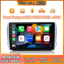 Autoradio voor Android 13 voor 208/2008 (2GB+64GB) 9'' scherm Carplay Android Auto GPS Bluetooth WiFi FM RDS SWC