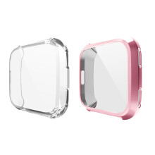 (1Set(Transparent+Rose)) 2pcs Soft Slim TPU Case Full Screen Protective Cover for Fitbit Versa Watch