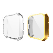 (1Set(Transparent+Glod)) 2pcs Soft Slim TPU Case Full Screen Protective Cover for Fitbit Versa Watch
