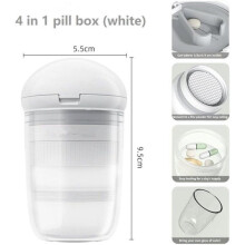 Pillekutter med dispenser, reisepilleboks med knuser og kvernmekanisme for fint pulver. Pillekutter i