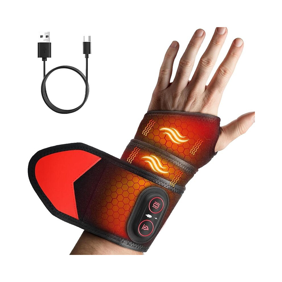 Red/Light Rechargeable Heated Wrist Brace With Massage & Therapy For Pain Relief, Adjustable And Cordless