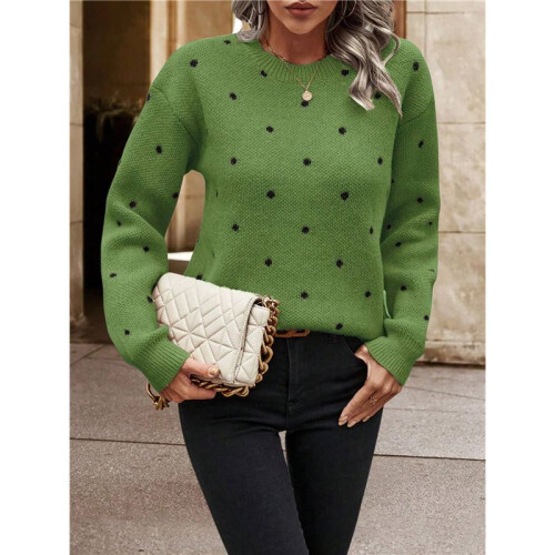 Damen-Pullover mit Punkten, Langärmelig, Rundhalsausschnitt, Strickpullover-Oberteile Grün XL 2