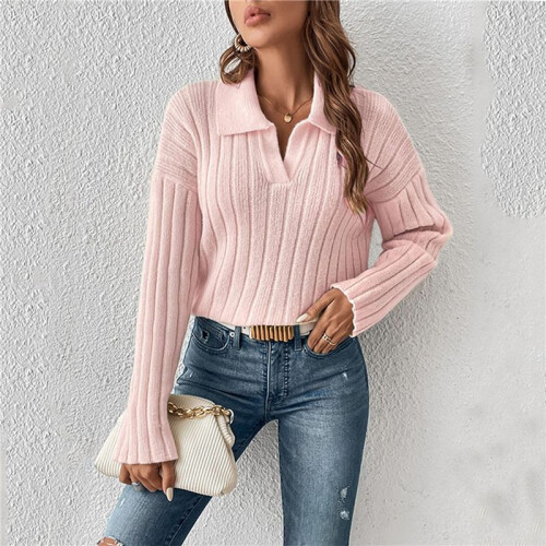 Damen Zopfmusterpullover Langarm V-Ausschnitt Pullover Tops Lässige Pullover Shirts Herbstmode Outfits Rosa XL 1