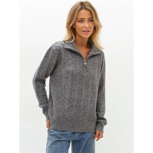 Women'S Sweaters Fall Winter Quarter Zip Casual Ribbed Cable Knit Pullover Grey One Size 2