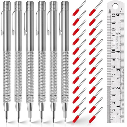 6 Pack TungstenCarbide Scriber Tools Set,with 24 Replacement Tips & 1 Steel Ruler, Magnetic Metal Marking Tools