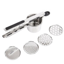 Aardappelstamper van Roestvrij Staal met 4 Verwijderbare Schijven, Handmatige Voedselstamper met Antislip Lange Handgreep