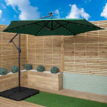 3m Solar Powered Lit Banana Cantilever Garden Parasol with LEDs & Base Weights Included in Green