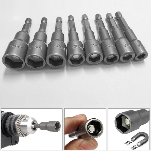 8pcs 1/4 inch Hex Magnetic Nut Driver Socket Set Metric Impact Drill Bits 6 to 13mm Adapter 2