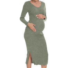 Maternity V Neck Dress Knit Component Ribbed-Army Green S