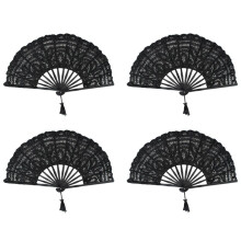 4X Handmade Cotton Lace Folding Hand Fan for Party Bridal Wedding Decoration (Black)