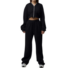 Conjunto Deportivo para Mujer: Sudadera con Capucha y Cremallera de Manga Larga con Pantalones de Color Liso con Cordones - Conjunto de Dos Piezas
