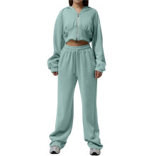 Conjunto Deportivo para Mujer: Sudadera con Capucha y Cremallera de Manga Larga con Pantalones de Color Liso con Cordones - Conjunto de Dos Piezas