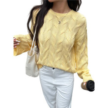 Women Long Sleeve Sweater Fall Ribbed Knit Pullover Loose Crewneck Cable Sweater Jumper Tops Yellow L