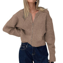 Women'S Zip  Sweaters Drop Shoulder Long Sleeve Crew Neck Cardigan Casual Solid Loose Fit Knit Jacket Coffee Color M