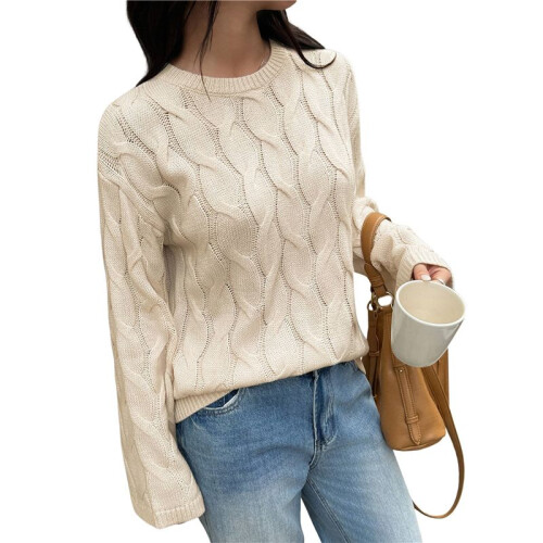 Damen Langarmpullover Herbst Rippstrickpullover Locker Rundhals Zopfmuster Pullover Jumper Tops Aprikose S