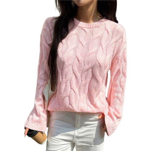 Damen Langarmpullover Herbst Rippstrickpullover Locker Rundhals Zopfmuster Pullover Jumper Tops Rosa M