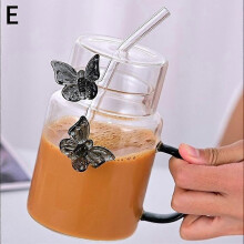 (Black) Handle Glass Coffee Mug with Straw Coffee Cup Beverage Mugs for Hot Cold Drinks