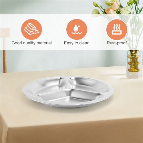 Stainless Steel 3 Sections Round Divided Dish Snack Dinner Plate Diameter 24Cm 2