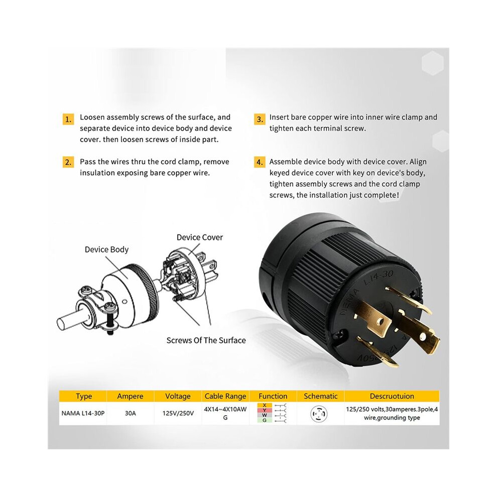 30A Locking Plug/Connector For Generator,Nema L14-30P & L14-30C,125/250V 3 Pole 4 Wire Grounding Electrical Replacement 4713492668646