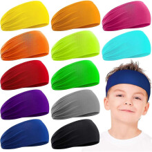 12 Pieces Boys Headbands 16 Inch Kids Sweatbands, Soft Athletic Sports Head Sweatband Headbands Wicking Elastic Hairband for Girls and Boys