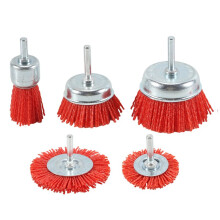 5 PCS Nylon Filament Abrasive Wire Brush Wheel & Cup Brush Set with 1/4Inch Drill Shank, Nylon Drill Brush Set , Red