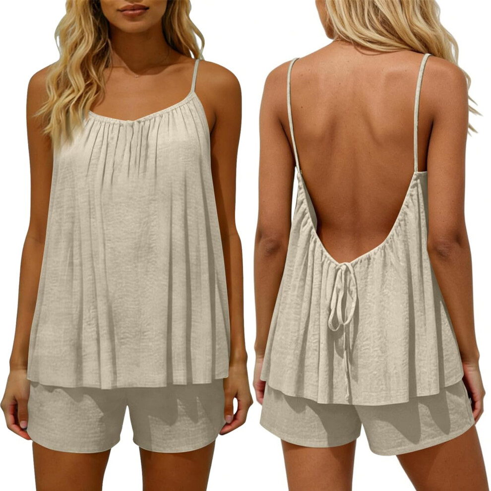 Beige Two Piece Sets For Women Going Out Outfits Backless- Xxxl