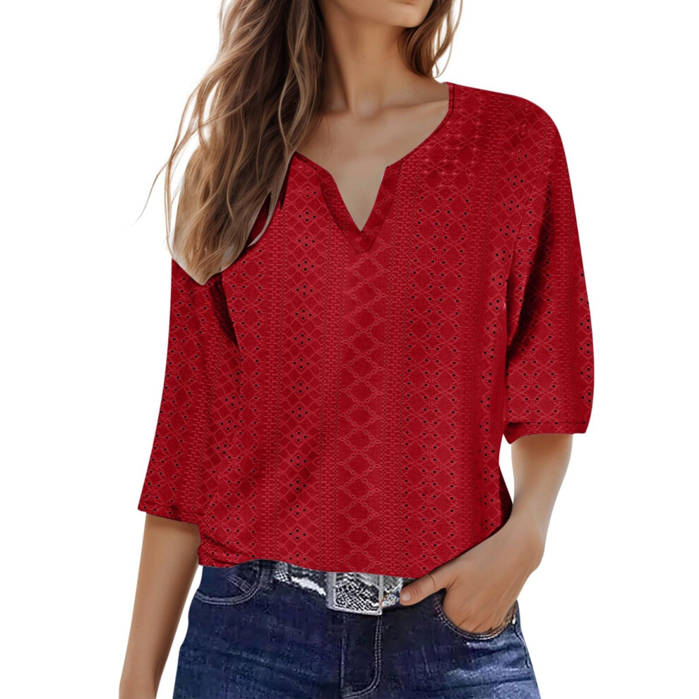 Red Women's Top: Stylish Three-Quarter Sleeve V-Neck- M