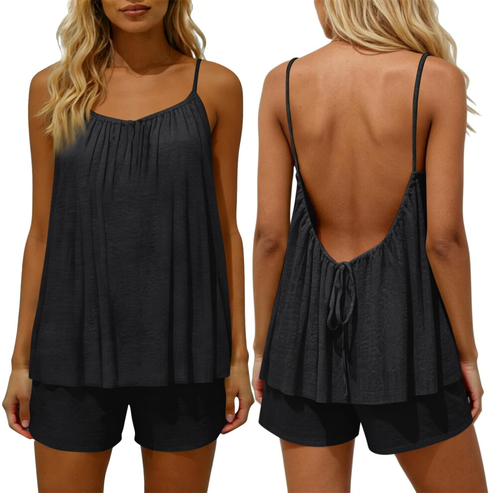 Black Two Piece Sets For Women Going Out Outfits Backless- Xxl