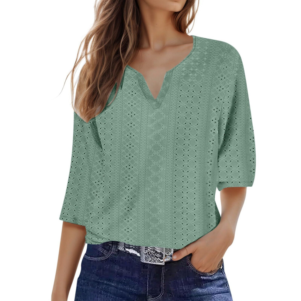 Turquoise Women's Top: Stylish Three-Quarter Sleeve V-Neck- Xxl