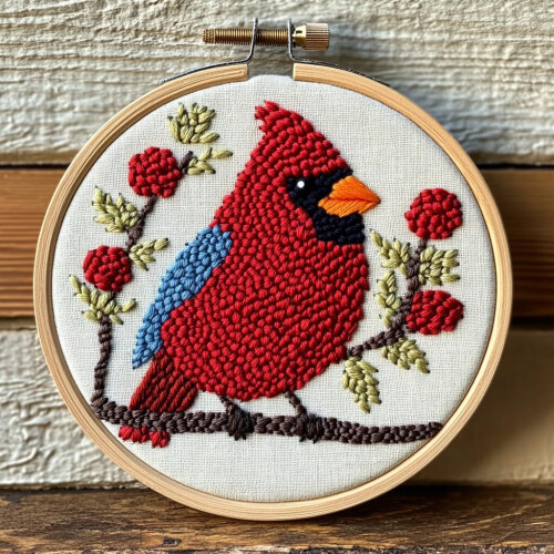 Punch Needle Kit Red Cardinal & Cherry Pattern