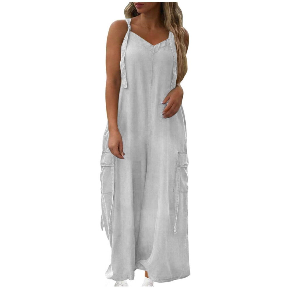Overalls For Women Loose Fit Wide Leg Jumpsuits Casual-White XL