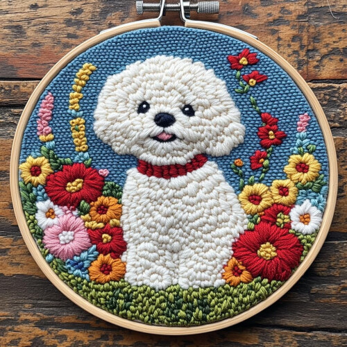 Punch Needle Kit Bichon Frise Floral Design