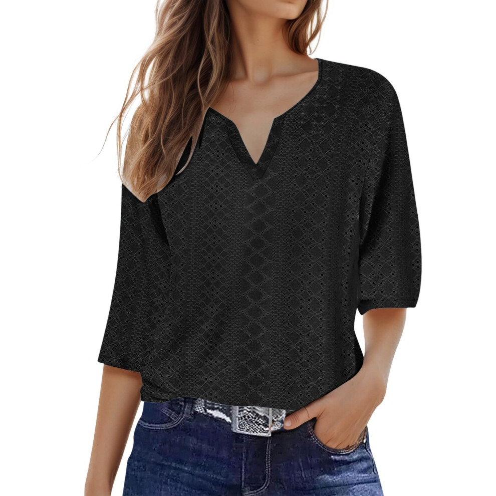 Black Women's Top: Stylish Three-Quarter Sleeve V-Neck- Xxl