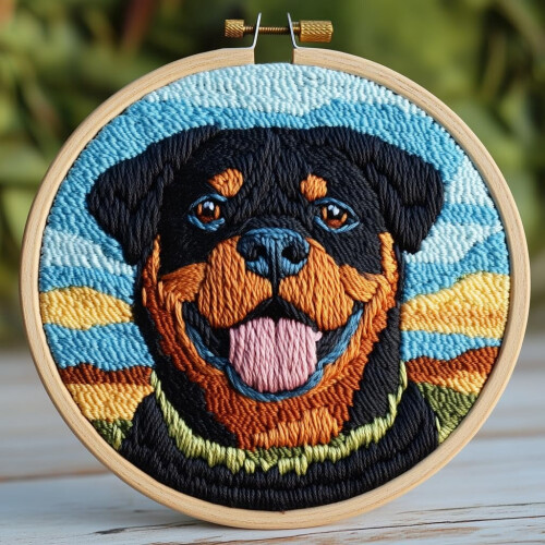 Rottweiler Punch Needle Set – Sunset Design, borduurring 20x20cm