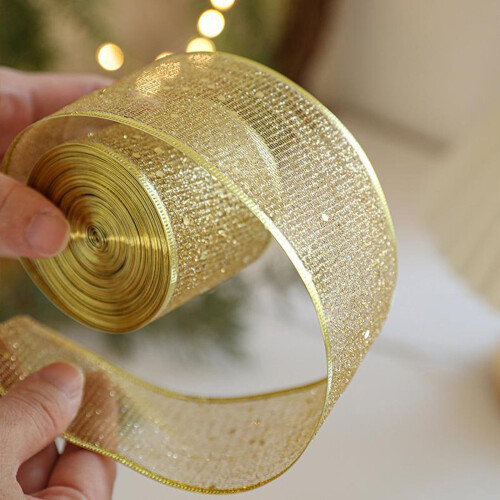 Goud-wit linnen kerstlint, 2 meter