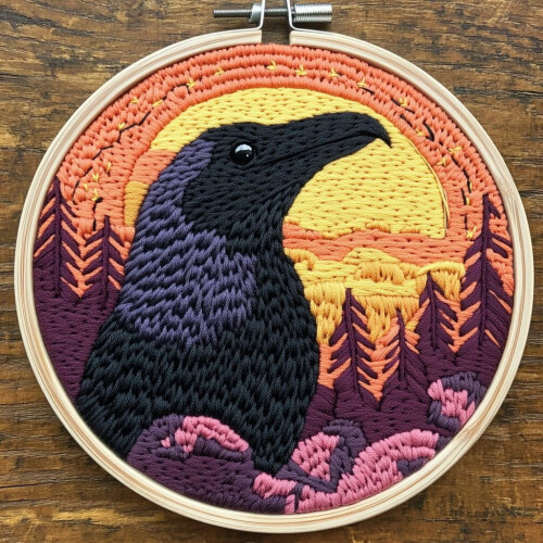 Punch Needle Set Black Raven Sunset 20x20cm