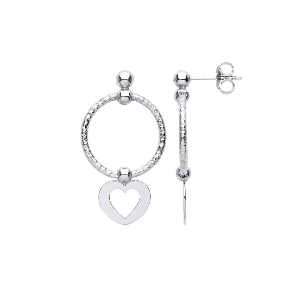 Jewelco London Ladies Platinum Plated Sterling Silver Love Heart Swing Bead Barked Hoop Drop Earrings - Eag1099