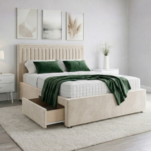 (4ft Small Double, Blue(with Mattress)) Luxury Plush Velvet Double Divan Bed 54" Slim Panel Lines Headboard 2 Storage Drawers Optional Mattress