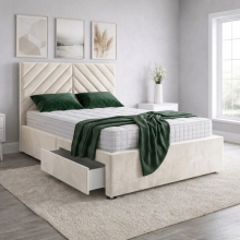 (5ft King, Grey(with Mattress)) Luxury Plush Velvet Double Divan Bed 54" Tiled Lines Headboard 2 Drawers Storage Bed