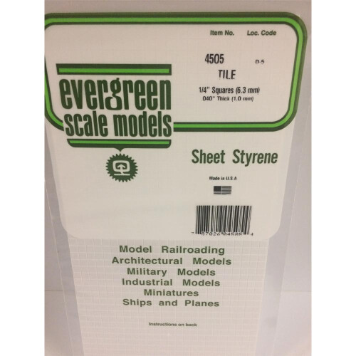 Evergreen Evergreen 4505 - 1/4" x 1/4" Polystyrene Square Tile Sheet 6" x 12"